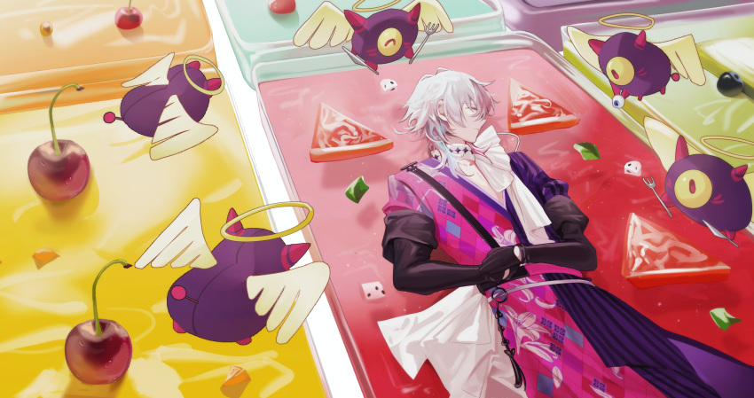 1boy, absurdres, angel_wings, black_gloves, blue_hair, cherry, closed_eyes, coat