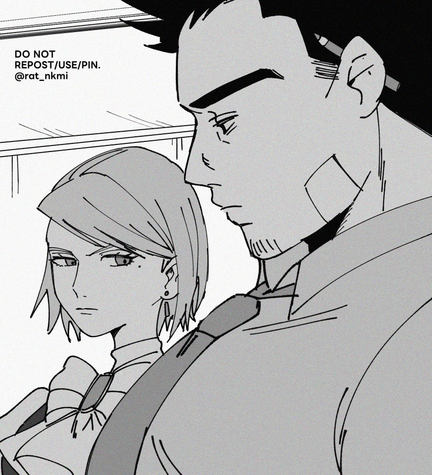 1boy, 1girl, ace_attorney, breast_envy, dick_gumshoe, facial_hair, franziska_von_karma, from_side