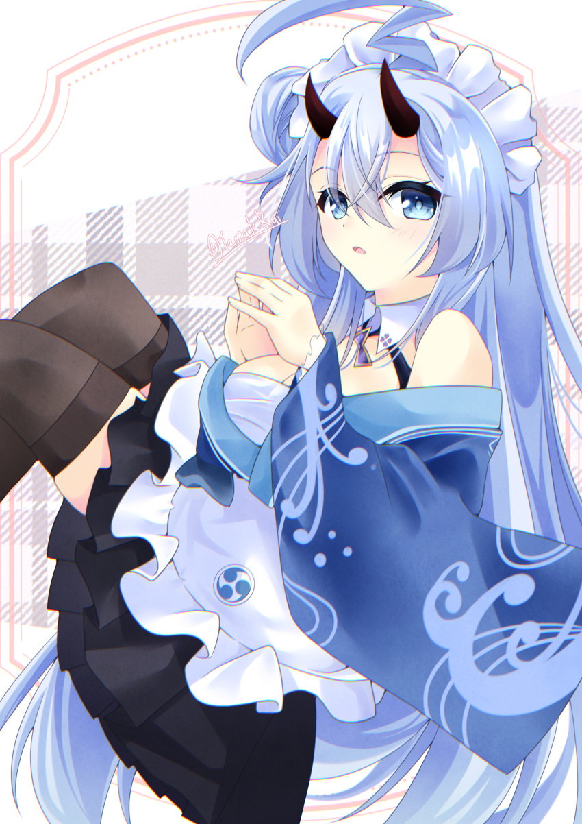 1girl, absurdres, ahoge, artist_name, azur_lane, black_skirt, black_thighhighs, blue_eyes, blue_hair, hair_between_eyes, highres, horns, inazuma_(azur_lane), inazuma_(maid's_flower_offering)_(azur_lane), japanese_clothes, light_blush, long_hair, looking_at_viewer, maid, maid_headdress, official_alternate_costume, parted_lips, pleated_skirt, sakuramon, skirt, solo, tamak_rui, thigh-highs, twitter_username, wa_maid