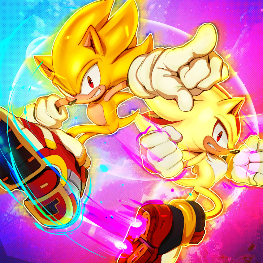 2boys, absurdres, blue_background, cashumeru, clenched_hands, clenched_teeth, full_body, gloves, highres, male_focus, multiple_boys, pointing, pointing_at_viewer, purple_background, red_eyes, red_footwear, shoes, smirk, sonic_(series), sonic_the_hedgehog, super_shadow, super_sonic, teeth, white_gloves, yellow_fur