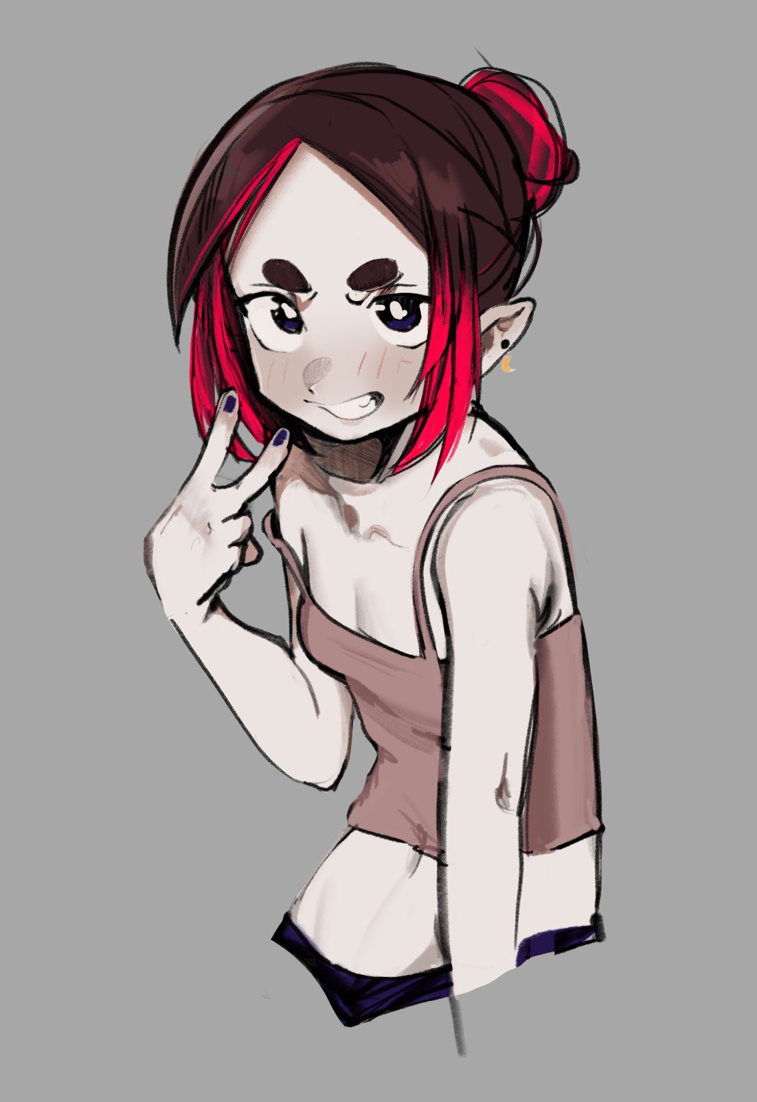 bare_shoulders, blush, earrings, eleanor_(justadrian), forehead, highres, jewelry, looking_at_viewer