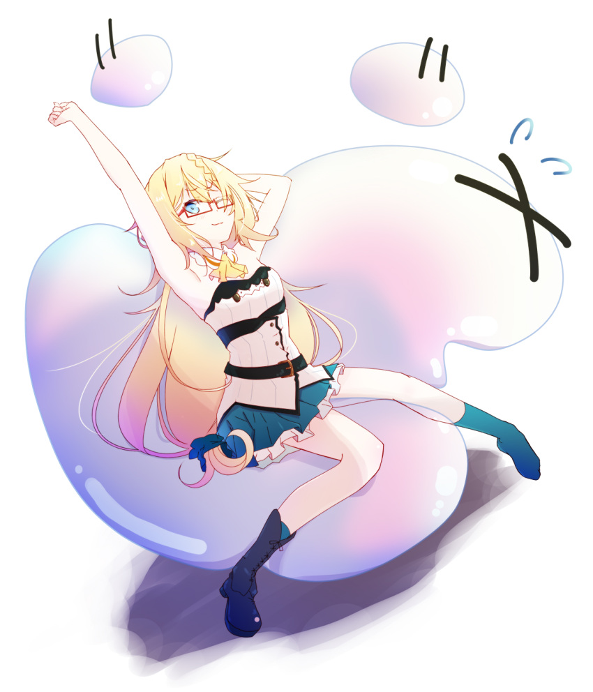 1girl, aizawa_azusa, ankle_boots, armpits, belt, blonde_hair, blue_footwear, blue_skirt