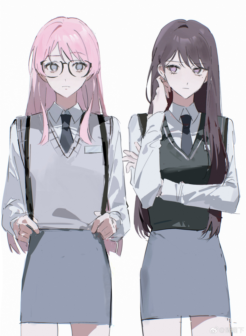 2girls, absurdres, backpack, bag, bang_dream!, bang_dream!_it's_mygo!!!!!, black_sweater, blue_necktie, brown_hair, chihaya_anon, chinese_commentary, closed_mouth, collared_shirt, commentary_request, crossed_arms, dress_shirt, earrings, glasses, grey_eyes, grey_skirt, grey_sweater_vest, hand_up, highres, jewelry, long_hair, long_sleeves, looking_at_viewer, mole, mole_under_eye, multiple_girls, necktie, pencil_skirt, pink_hair, qing_yan_xia, school_uniform, shiina_taki, shirt, simple_background, skirt, sweater, sweater_vest, violet_eyes, weibo_watermark, white_background, white_shirt