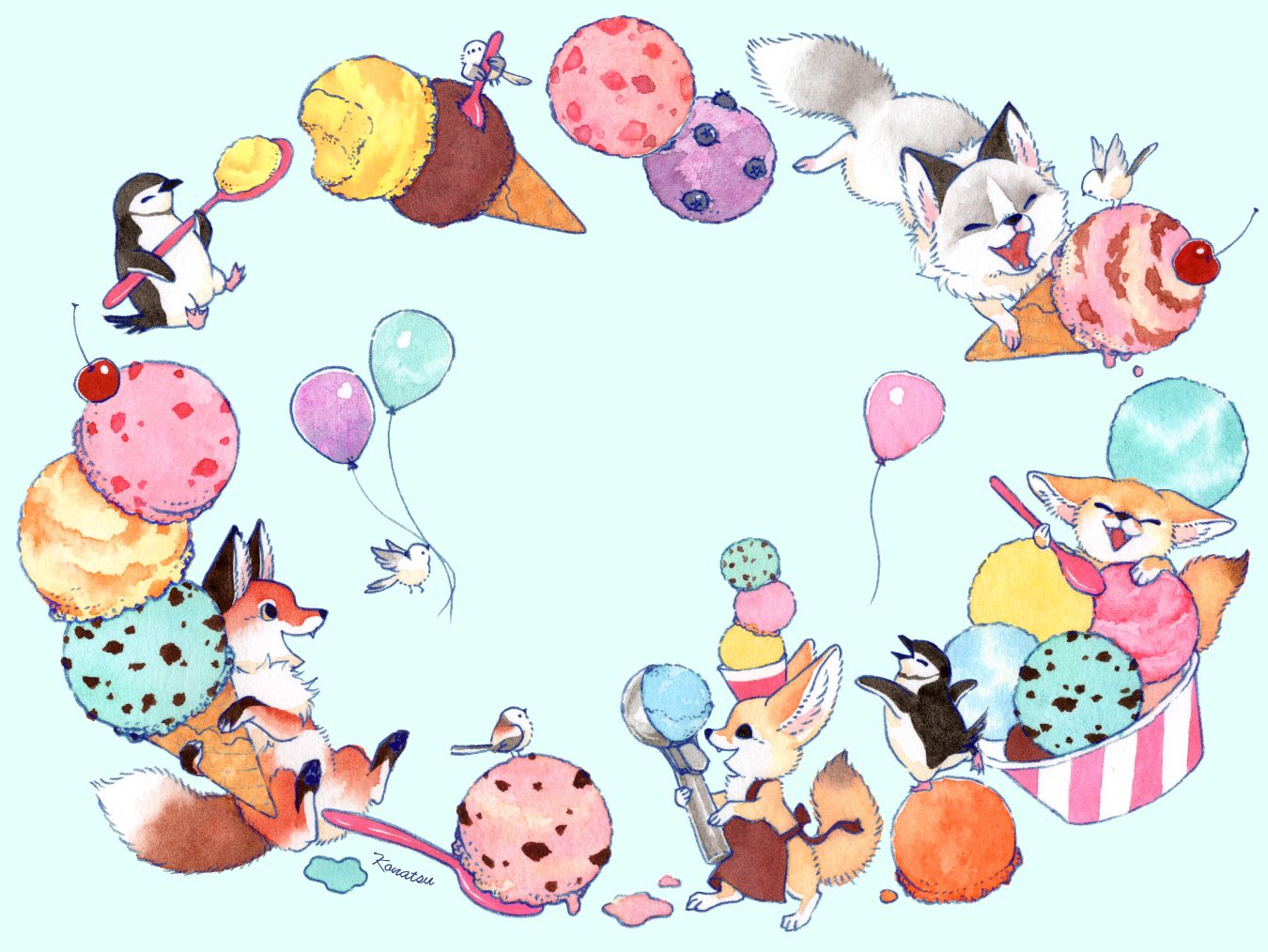 animal, animal_focus, apron, balloon, bird, brown_apron, cherry, clothed_animal, fennec_fox, food, food_on_head, fox, fruit, holding, holding_food, holding_ice_cream, holding_spoon, ice_cream, ice_cream_cone, ice_cream_spoon, in_food, konatsu_tunacan, no_humans, object_on_head, on_food, original, penguin, signature, simple_background, spoon