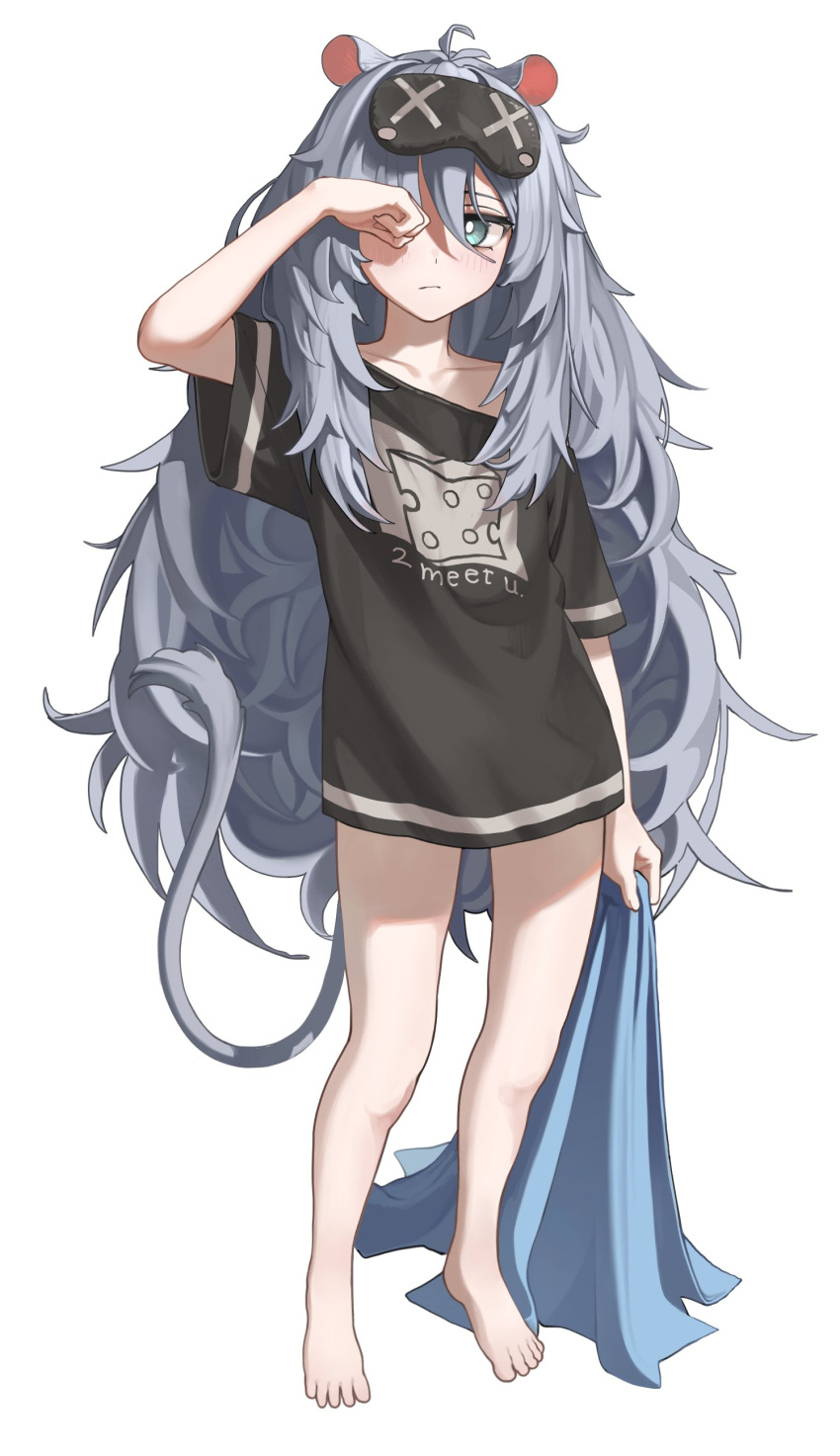 absurdres, animal_ears, barefoot, blue_eyes, blush, clauvio_(vtuber), grey_hair, hechium
