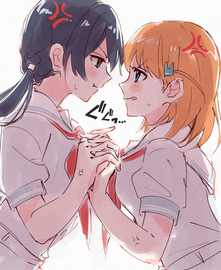 2girls, anger_vein, blue_eyes, blue_hair, commentary_request, dress, face-to-face, from_side