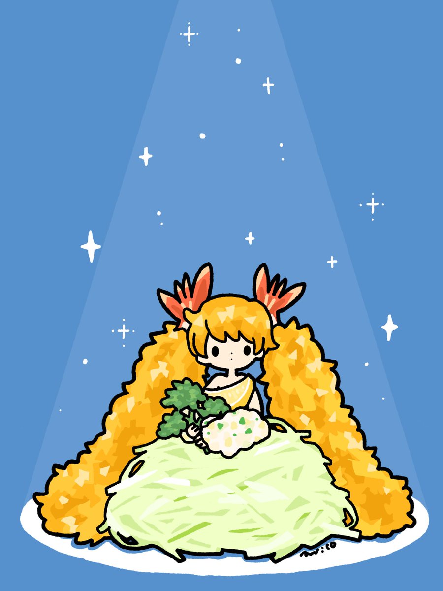 1girl, blue_background, dress, food, food-themed_clothes, food-themed_hair, green_dress, highres