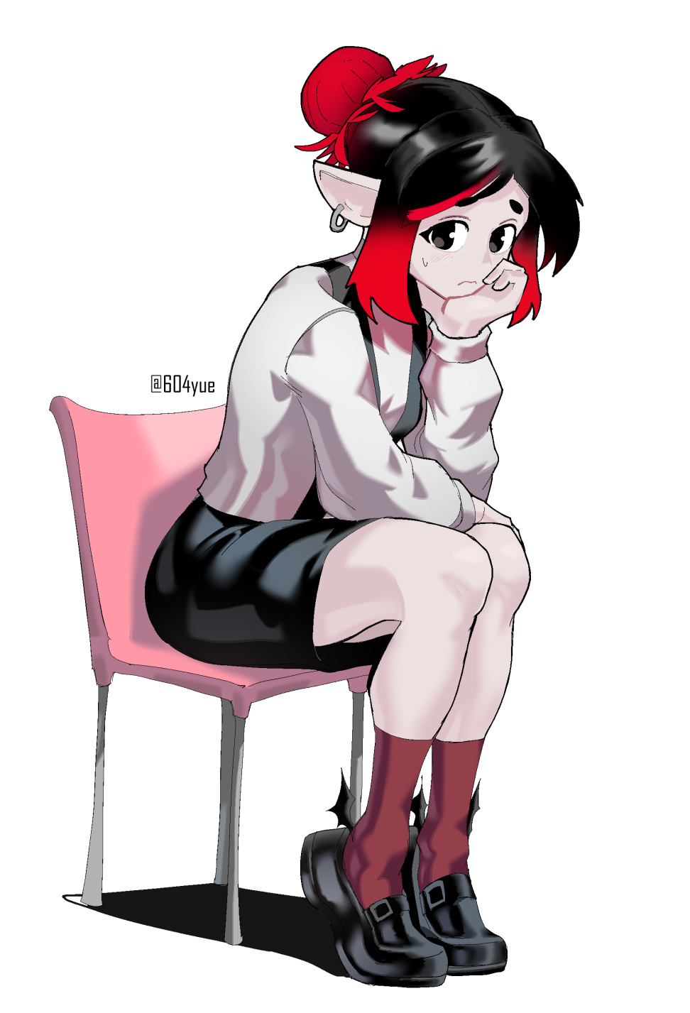 604yue, blush, chair, earrings, eleanor_(justadrian), hair_bun, hand_on_own_face, highres, jewelry, looking_at_viewer, multicolored_hair, on_chair, original, short_hair, simple_background, single_earring