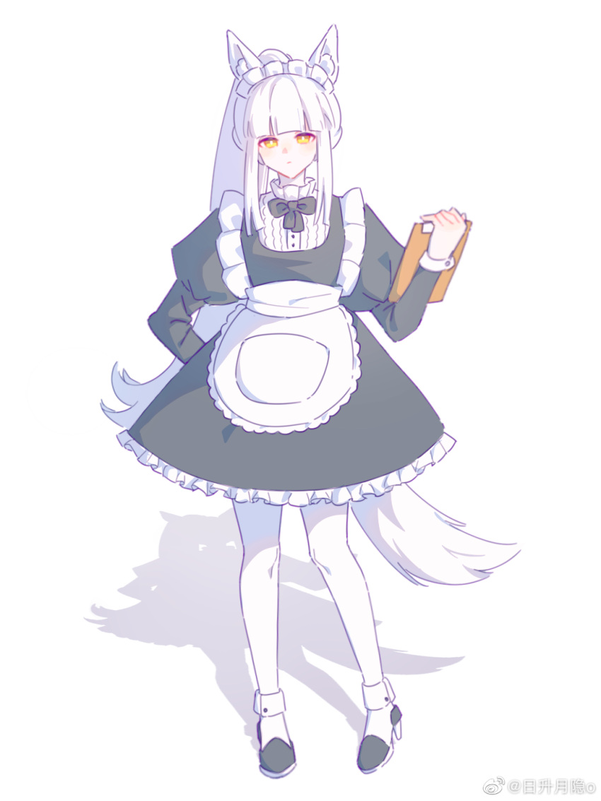 1girl, alternate_costume, animal_ears, apron, arknights, arm_behind_back, black_bow, black_bowtie