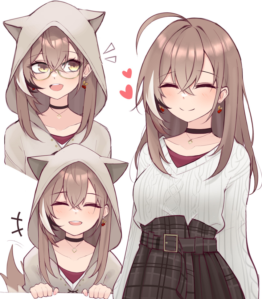 1girl, :d, ahoge, animal_hood, belt, berry, black_choker, brown_eyes, brown_hair, brown_hoodie, brown_skirt, choker, closed_eyes, commentary, dog_tail, earrings, ears_through_headwear, food-themed_earrings, glasses, heart, highres, hololive, hololive_english, hood, hood_up, hoodie, jewelry, long_hair, long_skirt, looking_at_viewer, m_r_b, multicolored_hair, multiple_views, nanashi_mumei, nanashi_mumei_(casual), necklace, notice_lines, official_alternate_costume, oversized_clothes, plaid, plaid_skirt, pleated_skirt, red_shirt, round_eyewear, runes, shirt, skirt, smile, streaked_hair, sweater, tail, teeth, upper_teeth_only, virtual_youtuber, white_sweater