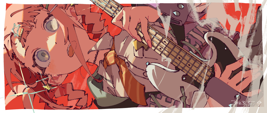 1girl, :o, absurdres, bass_guitar, collared_shirt, dated, highres, history_hjb-performance