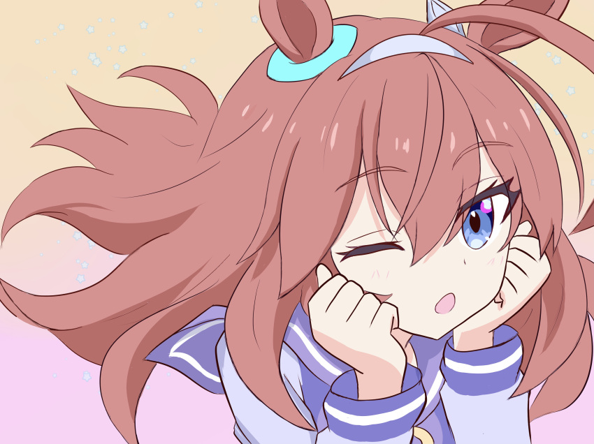 1girl, absurdres, ahoge, animal_ears, beatsheavens0735, blue_eyes, blush, bocchi_the_rock!, brown_hair, hair_between_eyes, highres, horse_ears, horse_girl, long_hair, long_sleeves, looking_at_viewer, mihono_bourbon_(umamusume), one_eye_closed, parody, purple_sailor_collar, sailor_collar, scene_reference, school_uniform, shirt, solo, umamusume