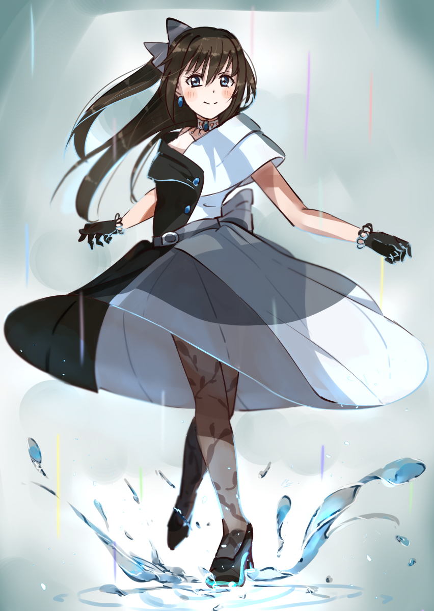 1girl, black_dress, black_footwear, black_gloves, blue_eyes, blush, bow, brown_hair