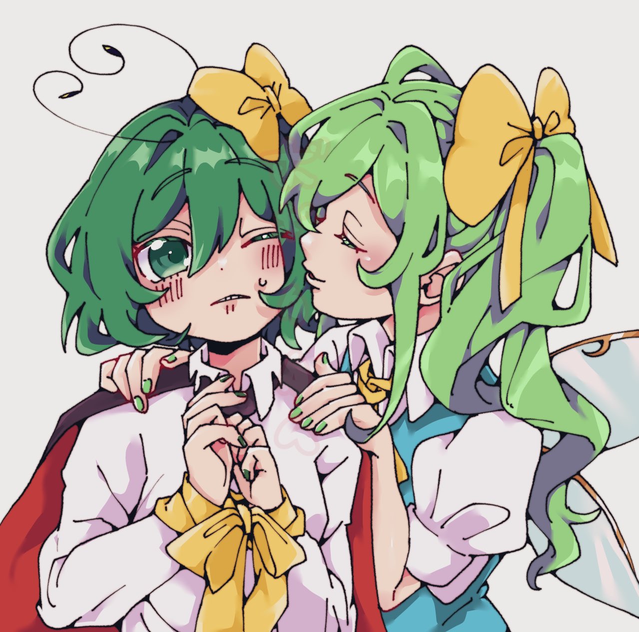 2girls, antennae, ascot, black_cape, blue_vest, blush, bobotatamu, bound