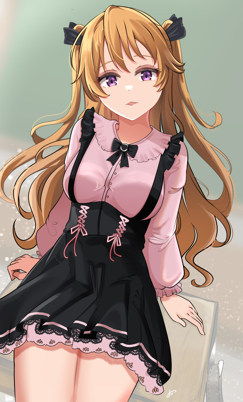 1girl, absurdres, black_bow, black_bowtie, black_skirt, bow, bowtie, breasts