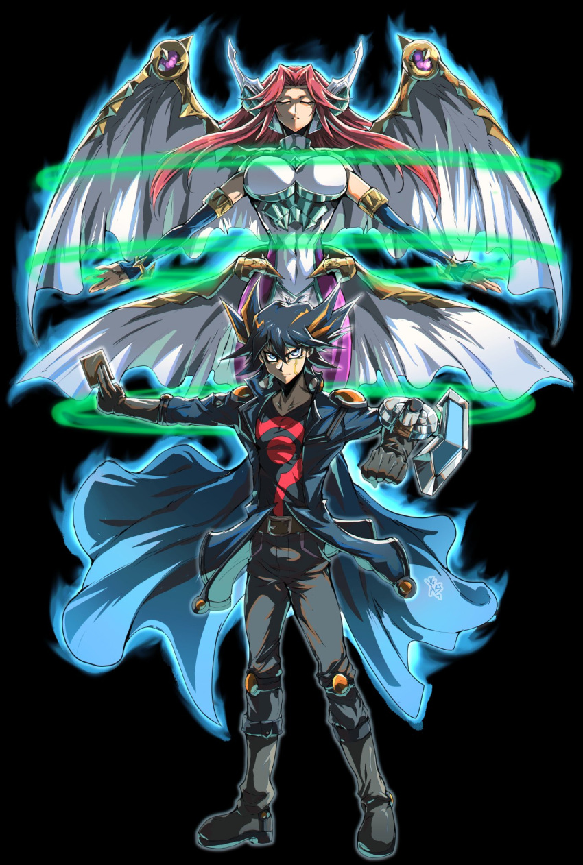 1boy, 1girl, aura, bare_shoulders, belt, black_background, black_hair, black_shirt