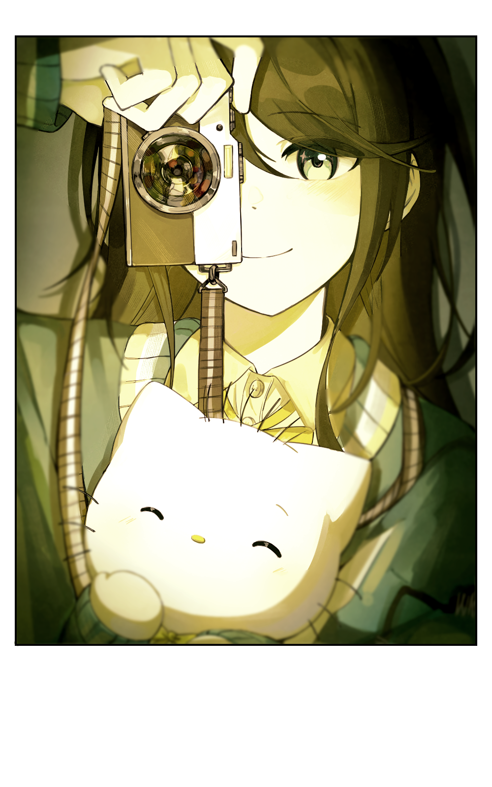 1girl, aiming, aiming_at_viewer, camera, cardigan, collared_shirt, commentary, dear_daniel, highres, holding, holding_camera, hoshino_ichika_(project_sekai), lanyard, long_hair, long_sleeves, looking_at_viewer, polaroid, polaroid_camera, project_sekai, sanrio, shirt, smile, star_(symbol), star_in_eye, stuffed_animal, stuffed_cat, stuffed_toy, symbol_in_eye, ten_b, upper_body