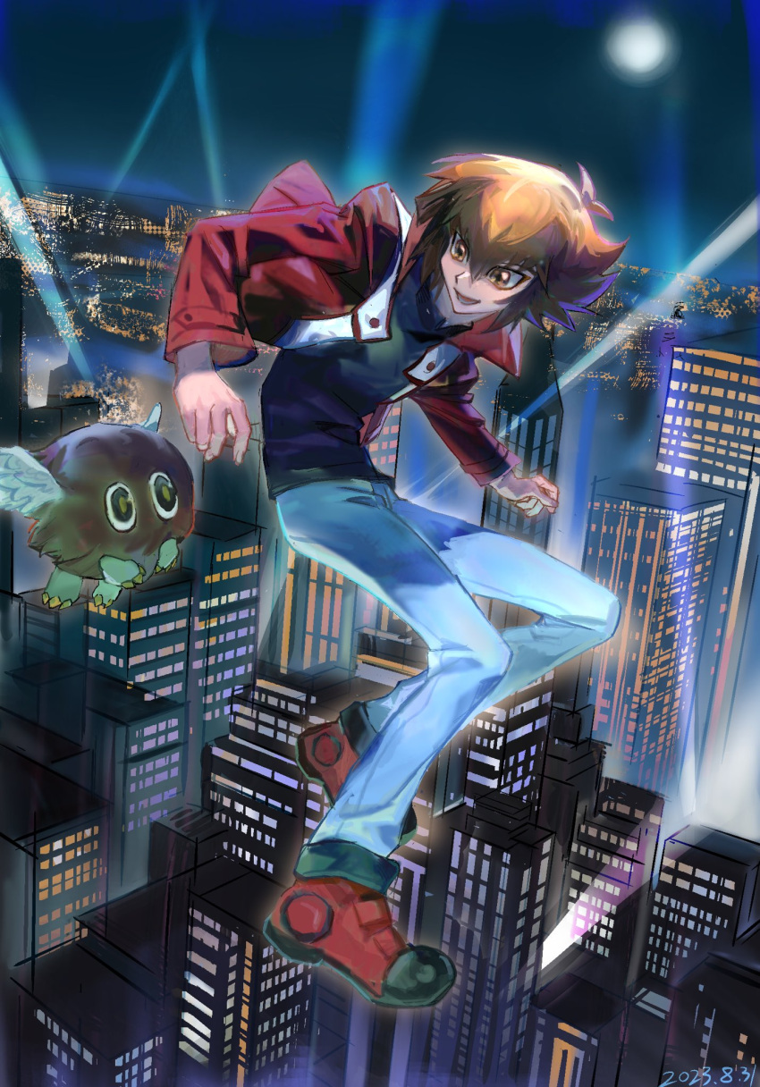 1boy, black_shirt, brown_eyes, building, cityscape, denim, duel_academy_uniform_(yu-gi-oh!_gx), duel_monster