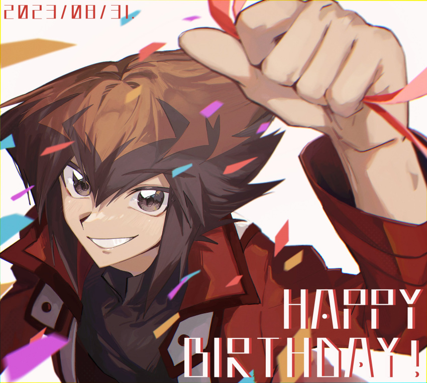 1boy, black_shirt, brown_eyes, confetti, dated, duel_academy_uniform_(yu-gi-oh!_gx), from_above, grin, hair_between_eyes, happy_birthday, highres, jacket, long_sleeves, looking_at_viewer, male_focus, multicolored_hair, n_23, red_jacket, shirt, short_hair, smile, solo, two-tone_hair, upper_body, yu-gi-oh!, yu-gi-oh!_gx, yuki_judai