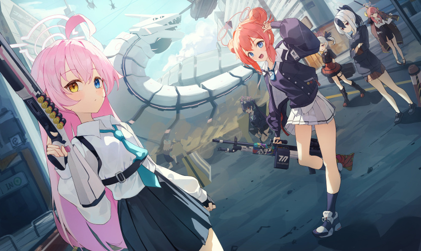 6+girls, absurdres, ahoge, aircraft, aru_(blue_archive), binah_(blue_archive), black_footwear, black_hair