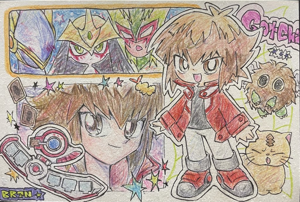 1boy, :d, black_shirt, blush, brown_eyes, chibi, collage, colored_pencil_(medium)