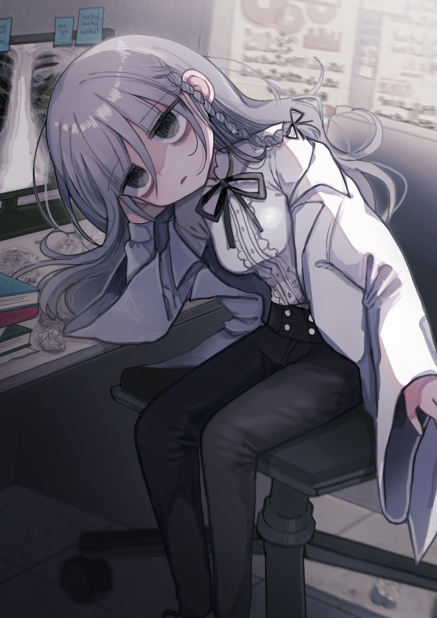 1girl, absurdres, aozora_kyoka, arm_support, asmr, bags_under_eyes, black_eyes, black_pants