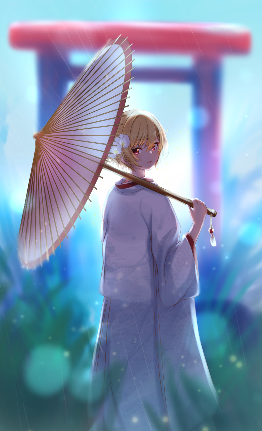 1girl, absurdres, blonde_hair, blurry, blurry_background, commentary_request, flower, hair_flower