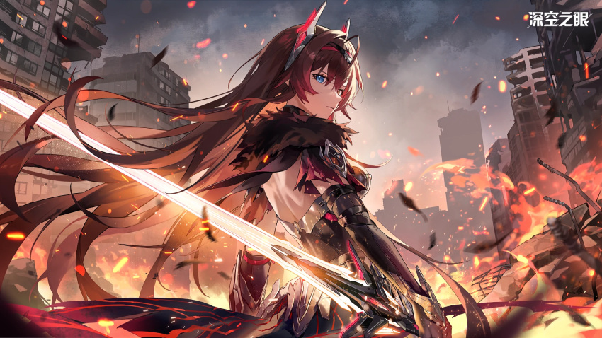 1girl, aether_gazer, ashes, back, black_dress, black_gloves, blue_eyes, breasts, brown_hair, building, burning, burning_building, closed_mouth, debris, dress, elbow_gloves, embers, from_behind, fur-trimmed_dress, fur_trim, gloves, glowing, glowing_sword, glowing_weapon, hair_between_eyes, hair_ornament, heterochromia, highres, holding, holding_sword, holding_weapon, large_breasts, logo, long_hair, looking_at_viewer, median_furrow, official_art, official_wallpaper, reverse_grip, ruins, sidelocks, solo, sword, verthandi_(aether_gazer), very_long_hair, weapon, yellow_eyes