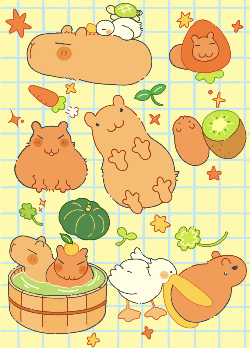 absurdres, animal, animal_focus, bath, bird, blush_stickers, capybara, carrot
