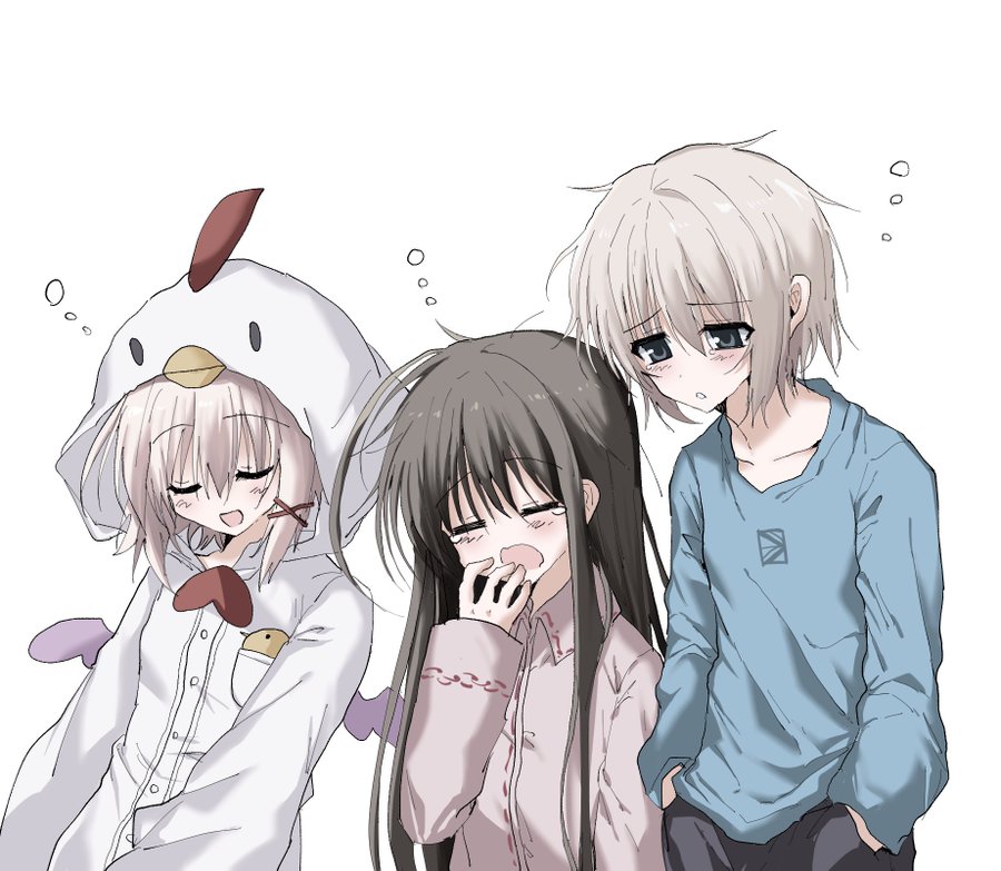 1boy, 2girls, black_hair, closed_eyes, kasukasugom1, long_hair, multiple_girls, natsume_ai, natsume_kei_(sakura_no_uta), natsume_shizuku, pajamas, pink_pajamas, sakura_no_toki, sakura_no_uta, short_hair, simple_background, sleepy, white_background, white_hair, white_pajamas