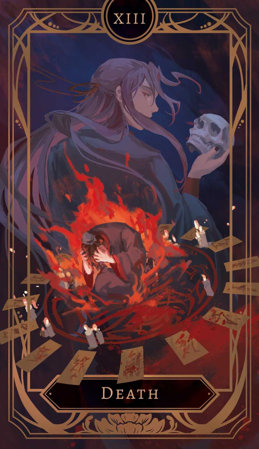 2boys, absurdres, black_footwear, black_hanfu, black_nails, blood, bun_cover, candle