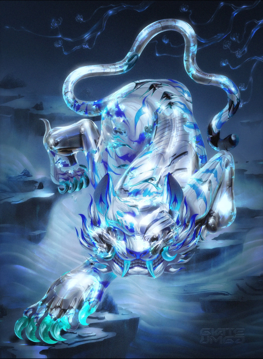 animal_focus, artist_name, claws, clenched_teeth, collaboration, english_commentary, fangs, giate, highres, looking_at_viewer, mechanical_tail, no_humans, non-humanoid_robot, original, robot, robot_animal, science_fiction, smile, solid_eyes, tail, teeth, tiger, umgj, white_eyes, white_tiger