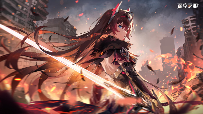 1girl, aether_gazer, ashes, back, black_dress, black_gloves, blue_eyes, breasts