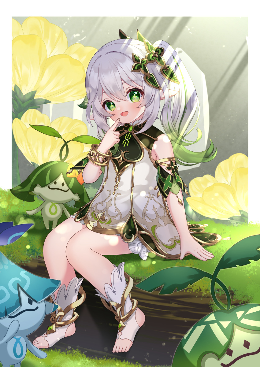 1girl, :d, absurdres, aranara_(genshin_impact), bloomers, border, bracelet, commentary