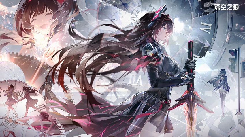 2girls, aether_gazer, black_dress, black_gloves, black_hat, black_skirt, black_thighhighs, blue_eyes