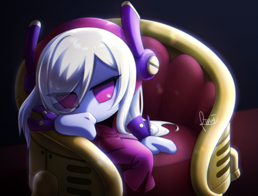 1girl, chair, highres, kirby_(series), pale_skin, purple_skirt, rayman_limbs, red_eyes