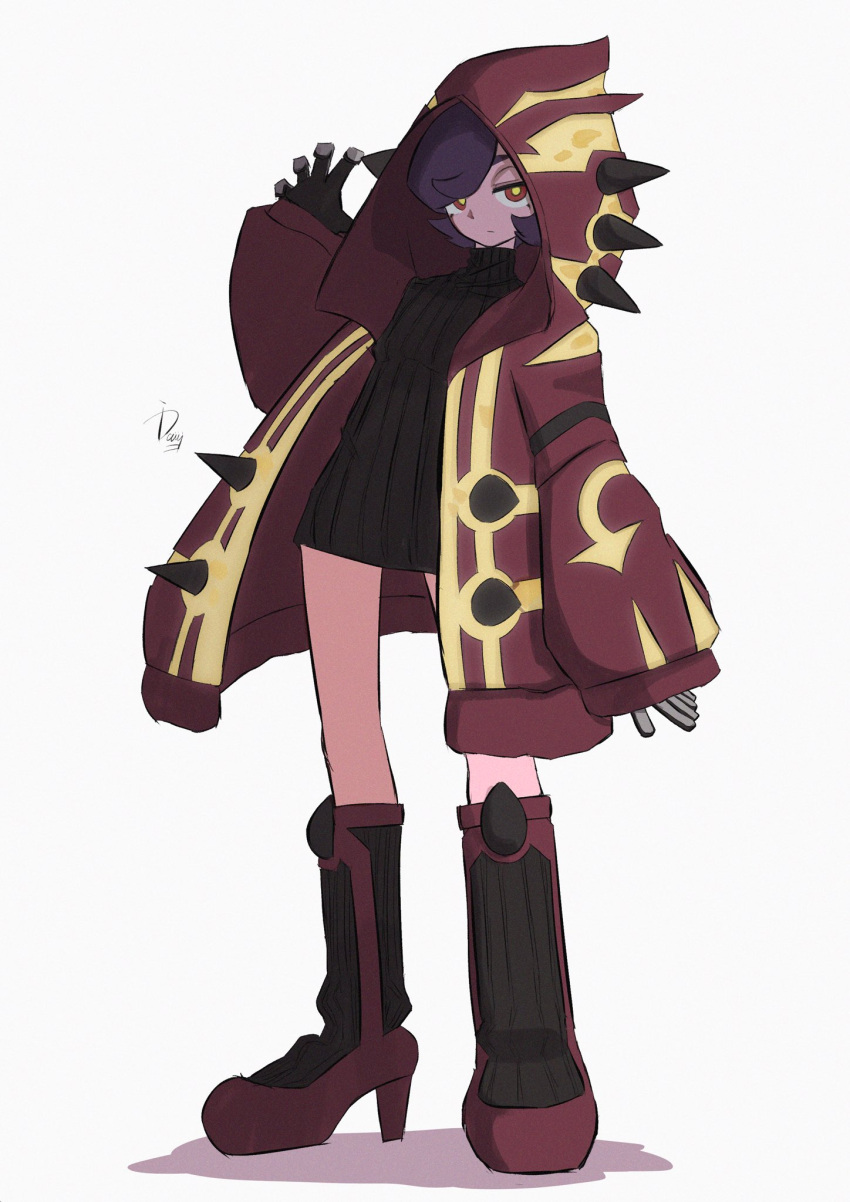 1girl, black_sweater, boots, claw_pose, cosplay, courtney_(pokemon), expressionless, full_body, groudon, groudon_(cosplay), hand_up, high_heels, highres, hood, hood_up, hoodie, ida_(idalol490), long_sleeves, pokemon, pokemon_oras, primal_groudon, purple_hair, red_eyes, red_footwear, red_hoodie, ribbed_sweater, short_hair, signature, simple_background, sleeves_past_wrists, solo, sweater, turtleneck, turtleneck_sweater, white_background, yellow_pupils