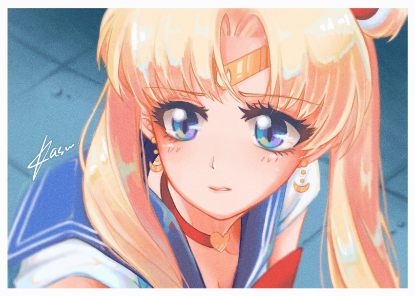 1girl, bishoujo_senshi_sailor_moon, bishoujo_senshi_sailor_moon_s, blonde_hair, blue_eyes, blue_sailor_collar, choker, circlet, close-up, commentary, crescent, crescent_earrings, derivative_work, earrings, english_commentary, heart, heart_choker, highres, jewelry, kasurinjung, looking_to_the_side, magical_girl, meme, red_choker, sailor_collar, sailor_moon, sailor_moon_redraw_challenge_(meme), screenshot_redraw, signature, solo, tsukino_usagi, twintails