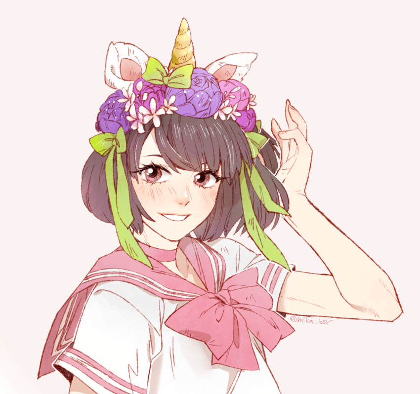 1girl, animal_ears, blush, bow, brown_eyes, brown_hair, choker, fake_animal_ears