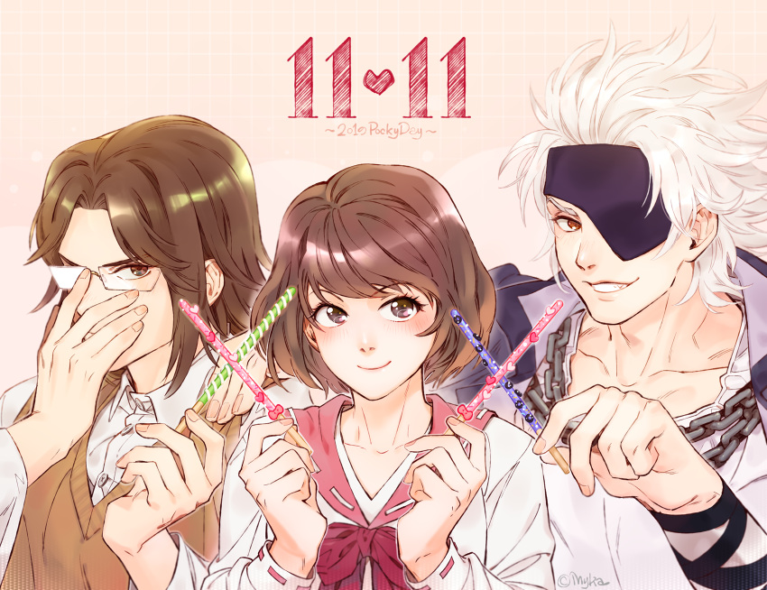 1girl, 2boys, blush, brown_eyes, brown_hair, chousokabe_motochika_(sengoku_basara), covering_own_mouth, food