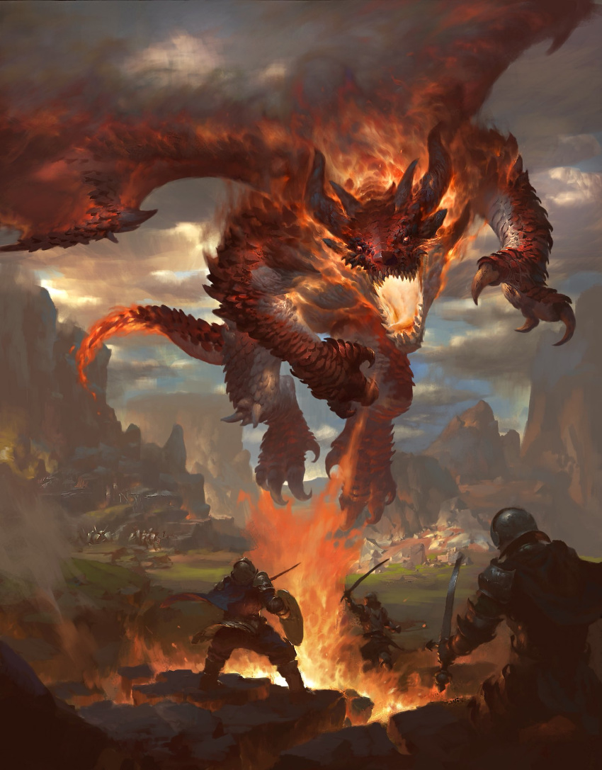 3boys, animal_focus, battle, blue_sky, breath_weapon, breathing_fire, claws, clouds, day, dragoborne, dragon, english_commentary, fiery_tail, fiery_wings, fire, flying, helm, helmet, highres, holding, holding_shield, holding_sword, holding_weapon, horns, knight, legs_apart, lius_lasahido, monster, multiple_boys, multiple_horns, official_art, open_mouth, outdoors, realistic, red_scales, sharp_teeth, shield, sky, smoke, standing, sword, tail, teeth, weapon, western_dragon, wings