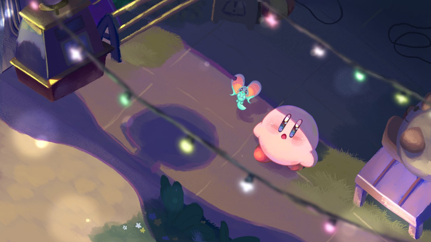 bench, cable, colored_skin, elfilin, flower, grass, in-universe_location, kirby