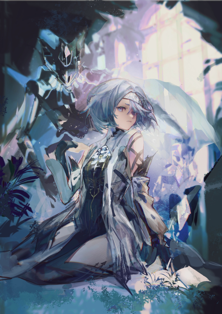 1girl, 1other, alisa:_echo_(punishing:_gray_raven), alisa_(punishing:_gray_raven), arm_strap, black_dress, blue_eyes, blue_hair
