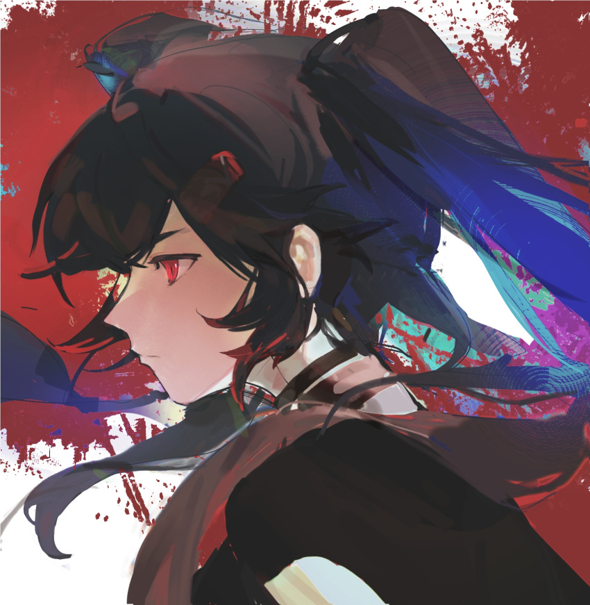 1girl, alternate_costume, black_choker, black_hair, black_shirt, choker, expressionless, from_side