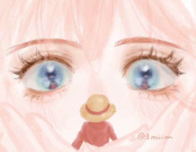 1boy, 1girl, 1miiiiiina, back, blue_eyes, blush, carrying, carrying_person, close-up, commentary_request, eyelashes, giant, giantess, hair_between_eyes, hat, korean_commentary, lowres, monkey_d._luffy, one_piece, pink_eyes, pink_hair, red_shirt, reflection, shirahoshi, shirt, straw_hat, twitter_username
