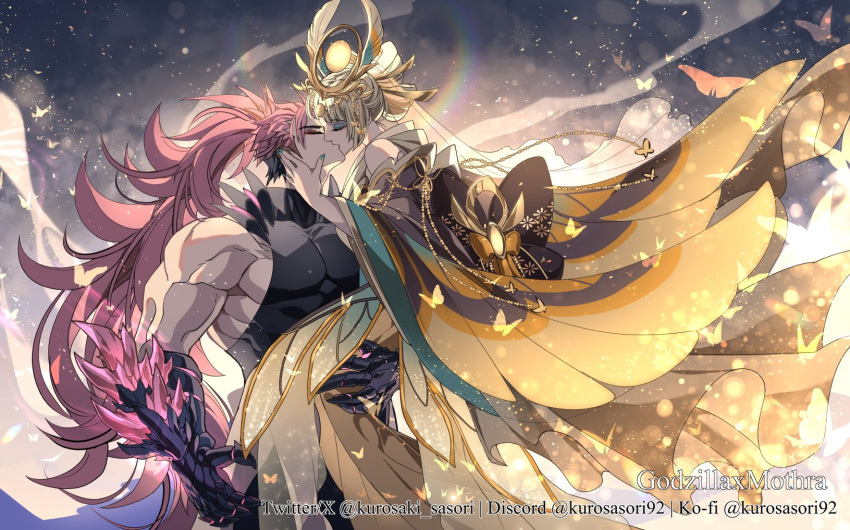 1boy, 1girl, arthropod_girl, bug, capelet, clawed_gauntlets, elbow_spikes, glowing