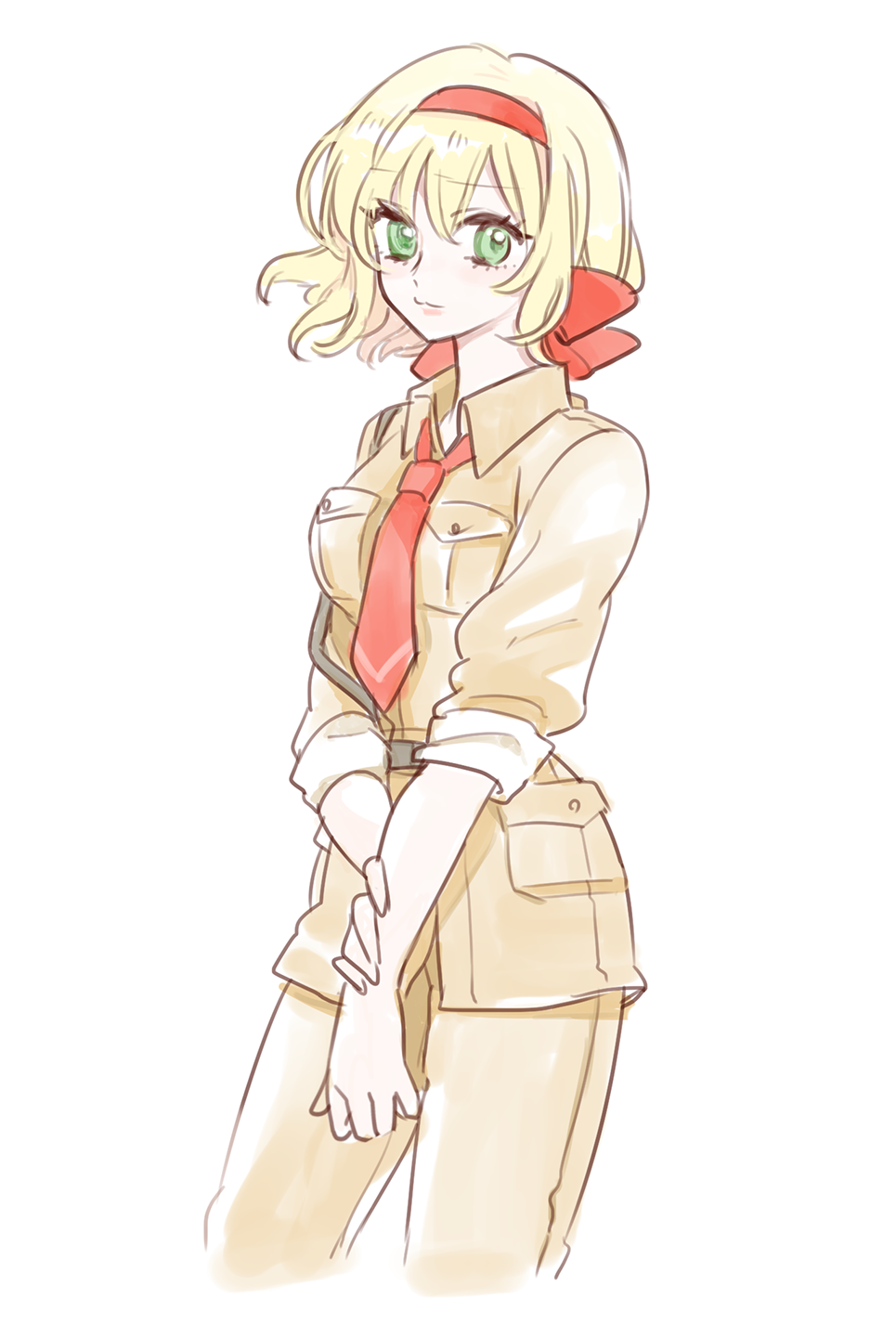 1girl, axis_powers_hetalia, belgium_(hetalia), belt, blonde_hair, bow, breast_pocket, closed_mouth