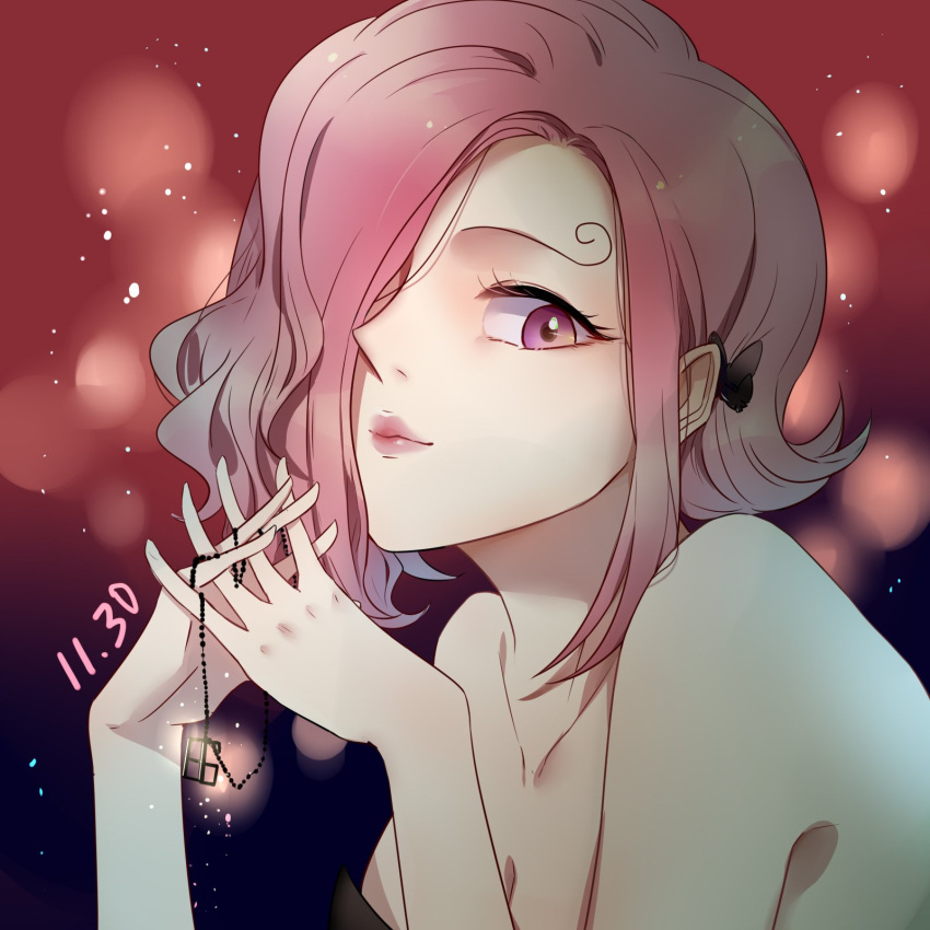 1girl, bare_shoulders, chinese_commentary, close-up, commentary_request, curly_eyebrows, dated, dress