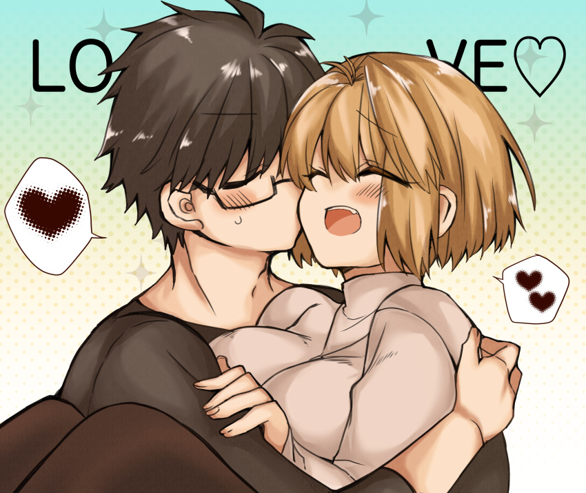 1boy, 1girl, 2323astronomy, ahoge, antenna_hair, arcueid_brunestud, black_hair, blonde_hair