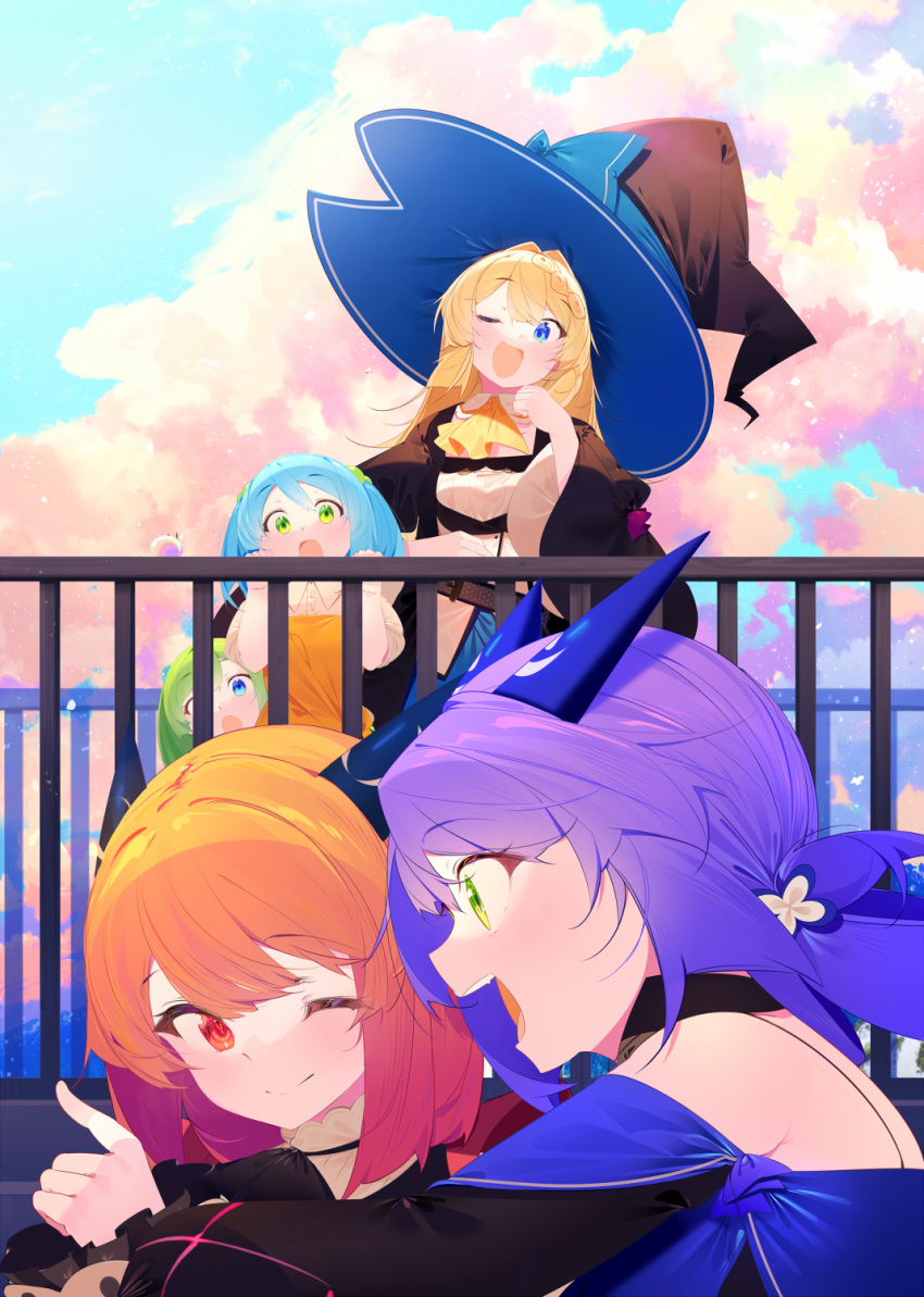 5girls, against_railing, aizawa_azusa, arm_support, benio_(dontsugel), black_hat, black_robe, blonde_hair
